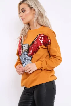 Rebellious Fashion Mustard Sequin Embellished Rock Eagle Slogan Sweatshirt - Zaria