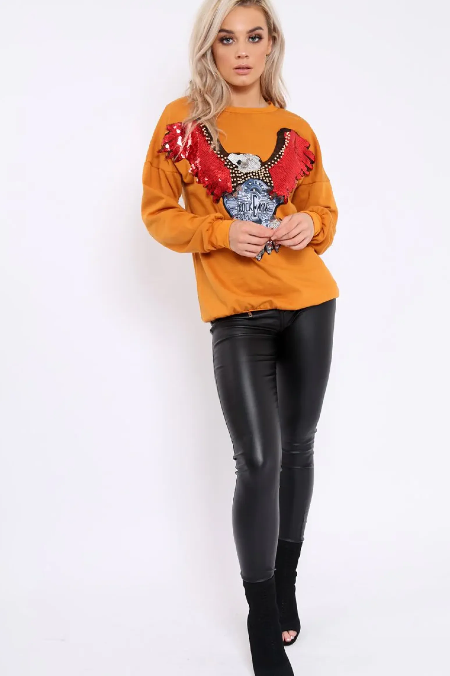 Rebellious Fashion Mustard Sequin Embellished Rock Eagle Slogan Sweatshirt - Zaria