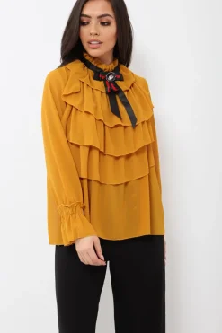 Rebellious Fashion Mustard Sheer Ruffle Blouse with Striped Neck Tie - Viktoria
