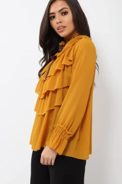 Rebellious Fashion Mustard Sheer Ruffle Blouse with Striped Neck Tie - Viktoria