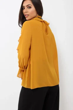 Rebellious Fashion Mustard Sheer Ruffle Blouse with Striped Neck Tie - Viktoria