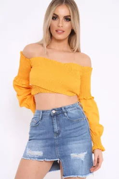 Rebellious Fashion Mustard Shirred Bardot Crop Top - Abisha