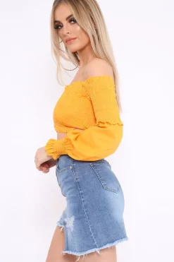 Rebellious Fashion Mustard Shirred Bardot Crop Top - Abisha