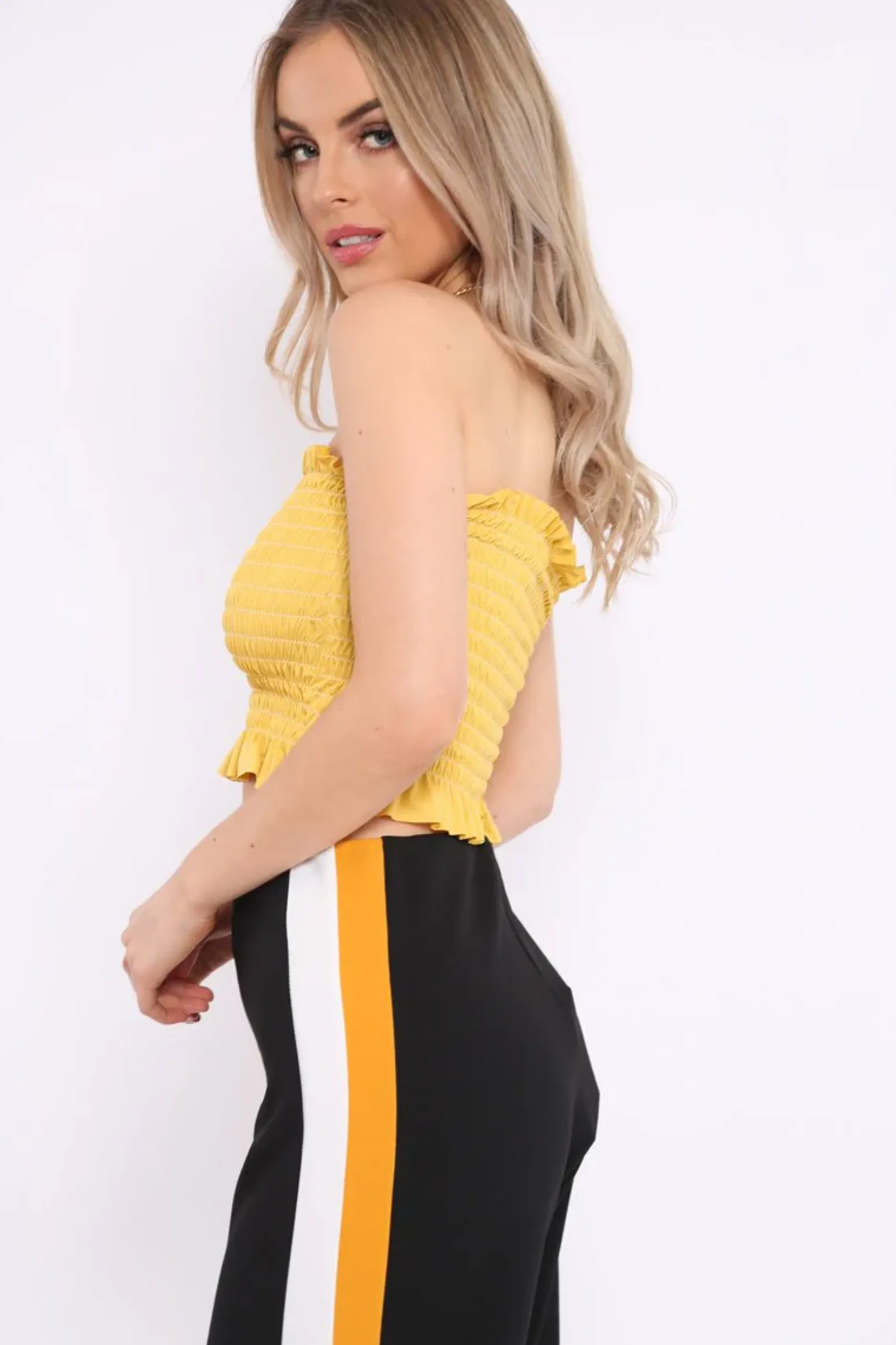 Rebellious Fashion Mustard Shirred Frill Bandeau Crop Top - Camren