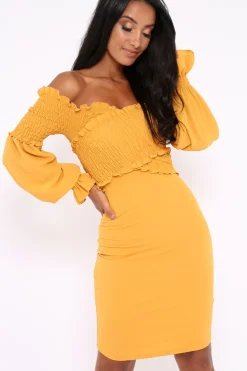 Rebellious Fashion Mustard Shirred Wrap Over Bardot Mini Dress - Natasha