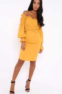 Rebellious Fashion Mustard Shirred Wrap Over Bardot Mini Dress - Natasha
