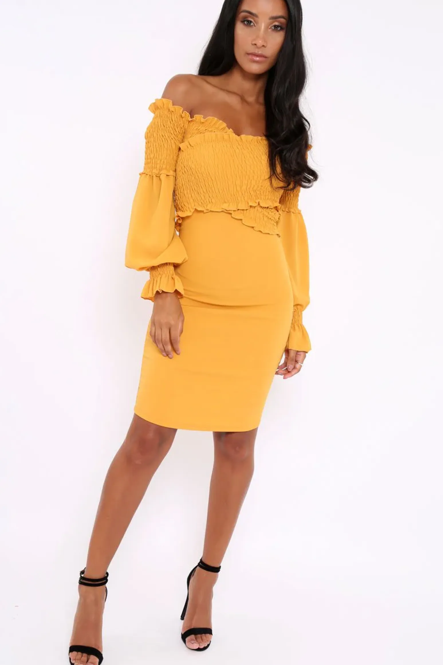 Rebellious Fashion Mustard Shirred Wrap Over Bardot Mini Dress - Natasha