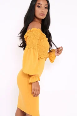 Rebellious Fashion Mustard Shirred Wrap Over Bardot Mini Dress - Natasha