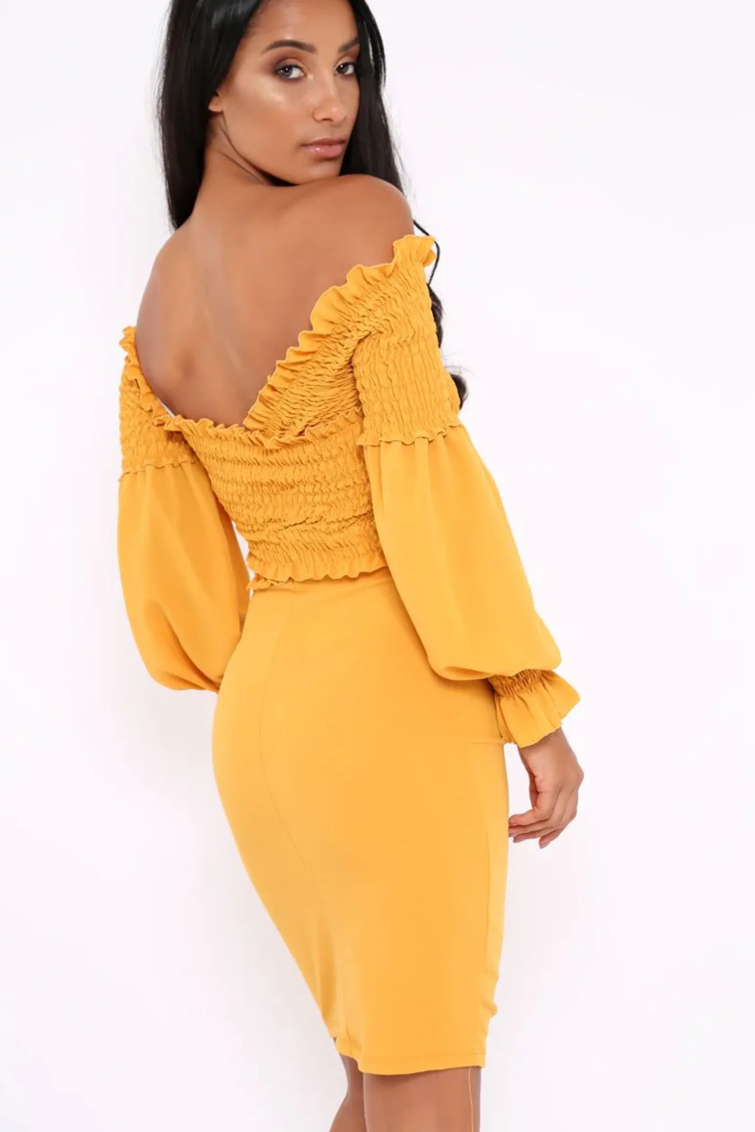 Rebellious Fashion Mustard Shirred Wrap Over Bardot Mini Dress - Natasha