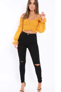 Rebellious Fashion Mustard Shirred Wrap Over Bardot Crop Top - Zuri