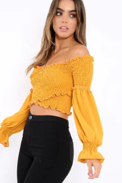 Rebellious Fashion Mustard Shirred Wrap Over Bardot Crop Top - Zuri