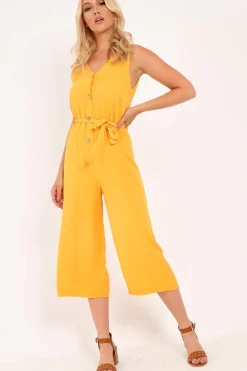 Rebellious Fashion Mustard Sleeveless Button Down Culotte Jumpsuit - Kalanni