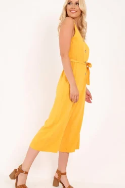 Rebellious Fashion Mustard Sleeveless Button Down Culotte Jumpsuit - Kalanni