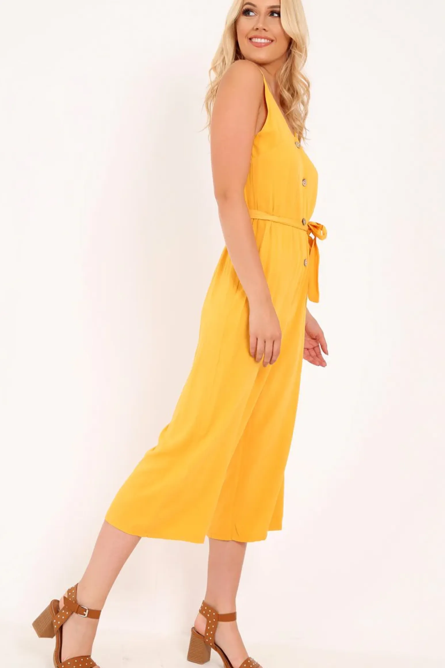 Rebellious Fashion Mustard Sleeveless Button Down Culotte Jumpsuit - Kalanni