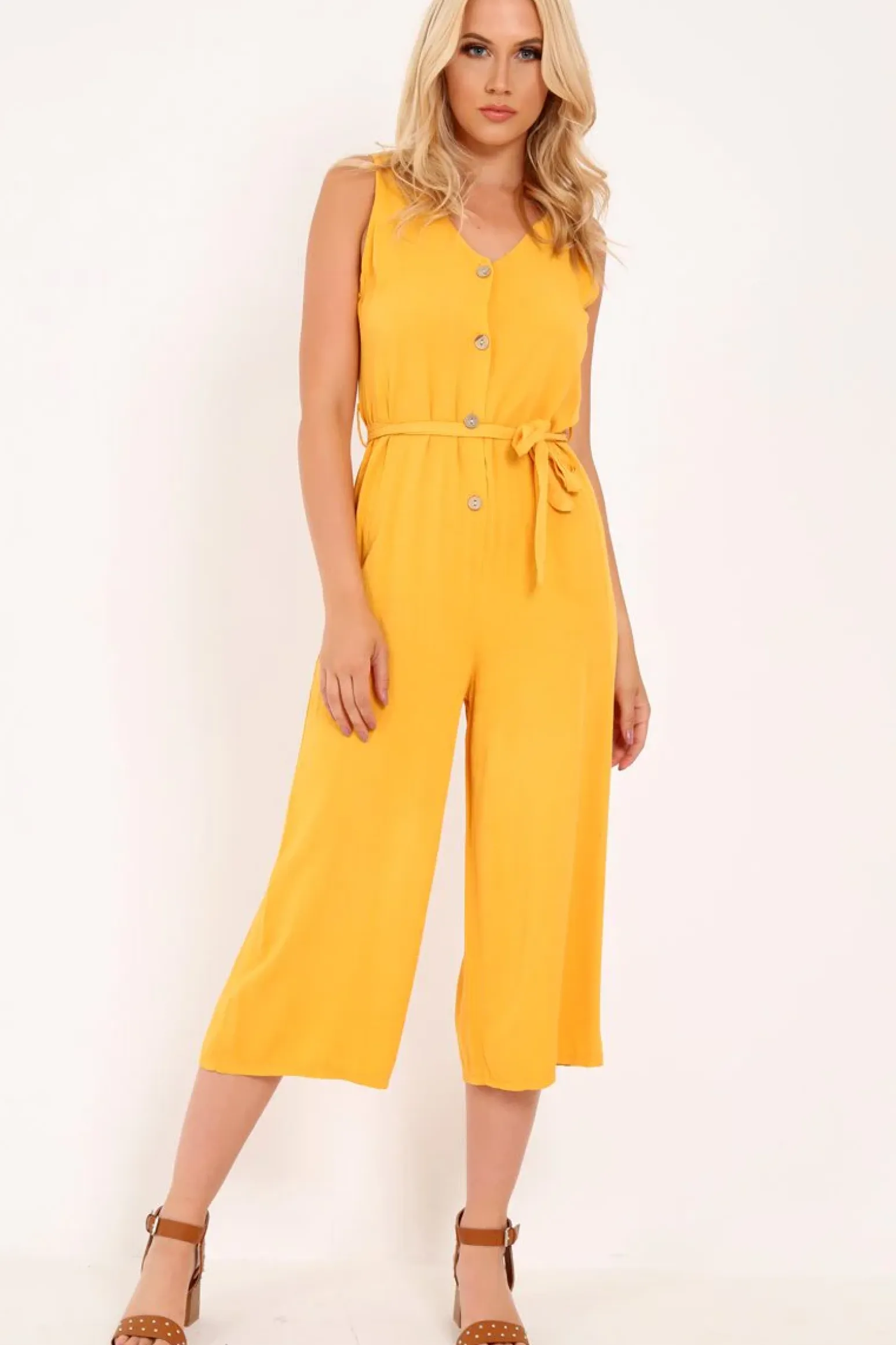 Rebellious Fashion Mustard Sleeveless Button Down Culotte Jumpsuit - Kalanni