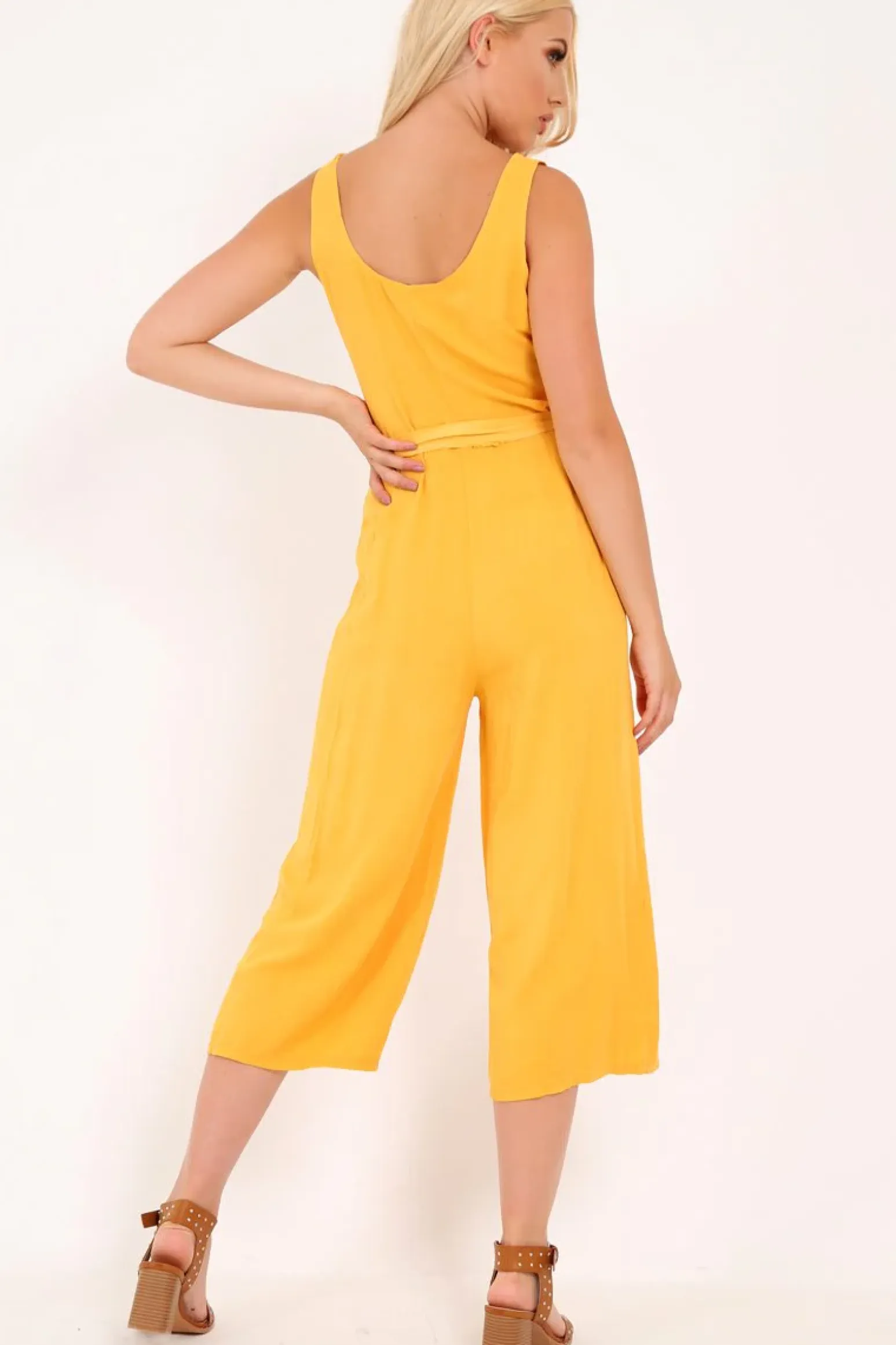 Rebellious Fashion Mustard Sleeveless Button Down Culotte Jumpsuit - Kalanni
