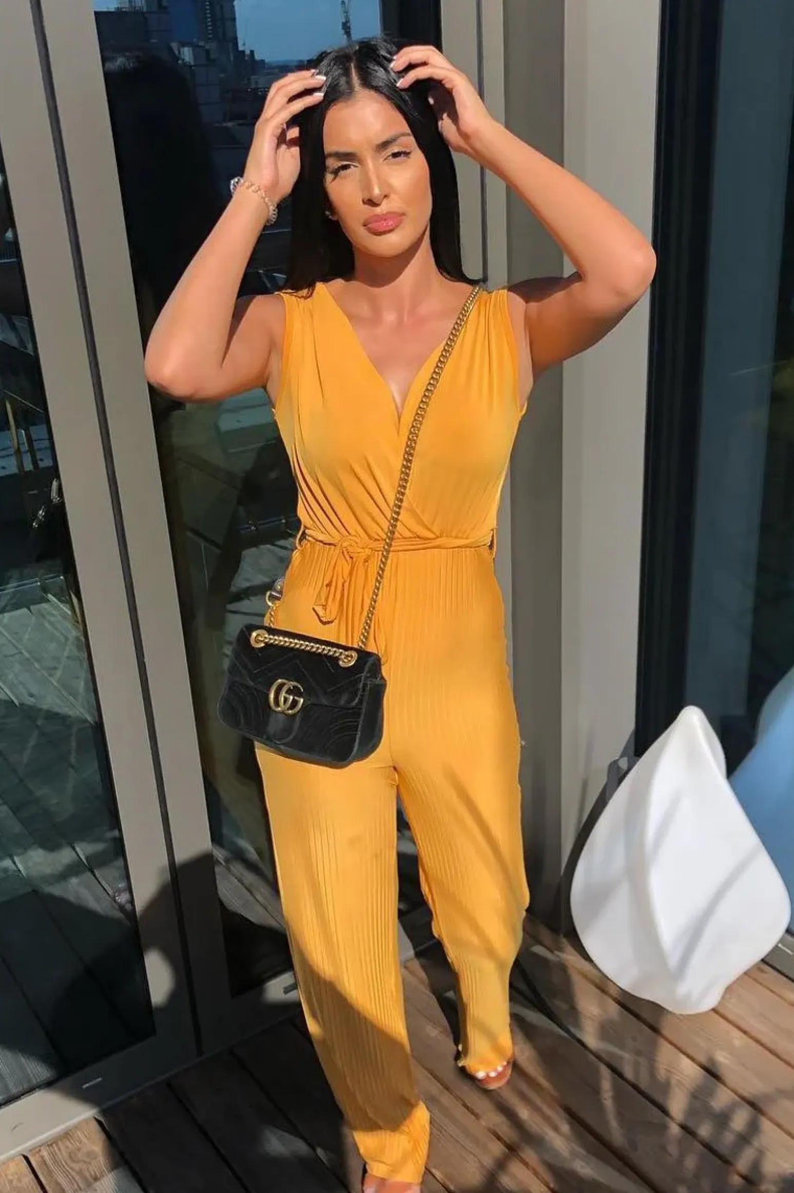 Rebellious Fashion Mustard Slinky Plunge Wide Leg Jumpsuit - Fergie