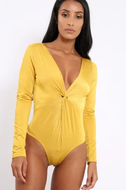Rebellious Fashion Mustard Slinky Twist Front Bodysuit - Gretchen