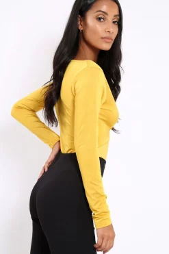 Rebellious Fashion Mustard Slinky Twist Front Bodysuit - Gretchen