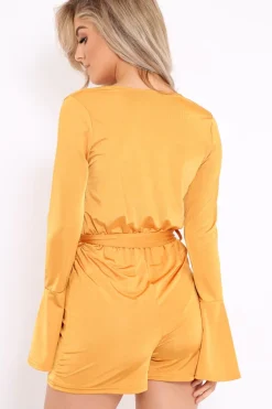 Rebellious Fashion Mustard Slinky Wrap Front Playsuit - Sindy