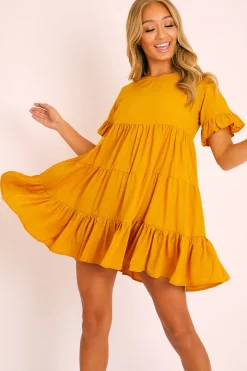 Rebellious Fashion Mustard Smock Tiered Frill Sleeve Mini Dress - Olah