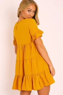 Rebellious Fashion Mustard Smock Tiered Frill Sleeve Mini Dress - Olah