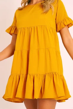 Rebellious Fashion Mustard Smock Tiered Frill Sleeve Mini Dress - Olah