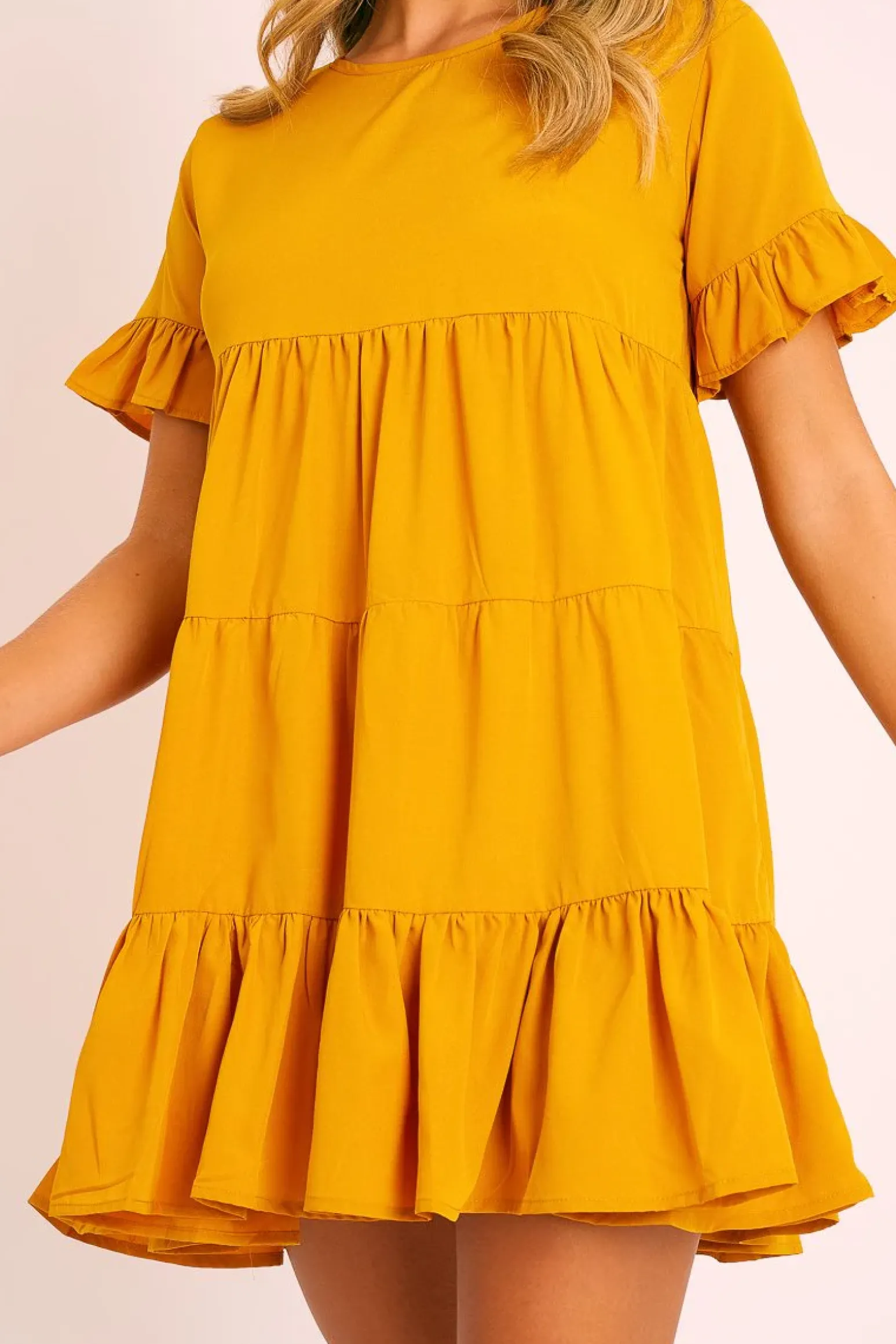 Rebellious Fashion Mustard Smock Tiered Frill Sleeve Mini Dress - Olah