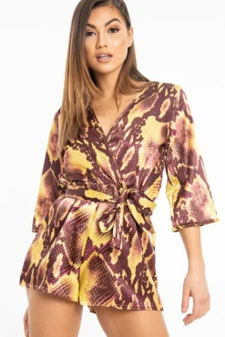 Rebellious Fashion Mustard Snake Satin Plunge Belted Playsuit - Violet