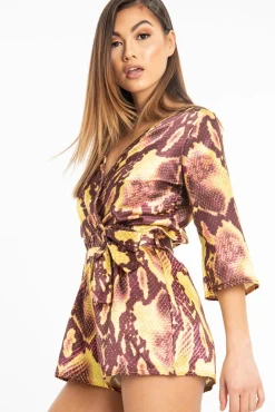Rebellious Fashion Mustard Snake Satin Plunge Belted Playsuit - Violet