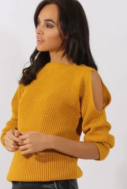Rebellious Fashion Mustard Sparkle Knitted Cold Shoulder Jumper - May