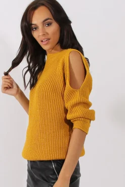 Rebellious Fashion Mustard Sparkle Knitted Cold Shoulder Jumper - May