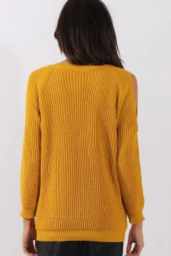Rebellious Fashion Mustard Sparkle Knitted Cold Shoulder Jumper - May