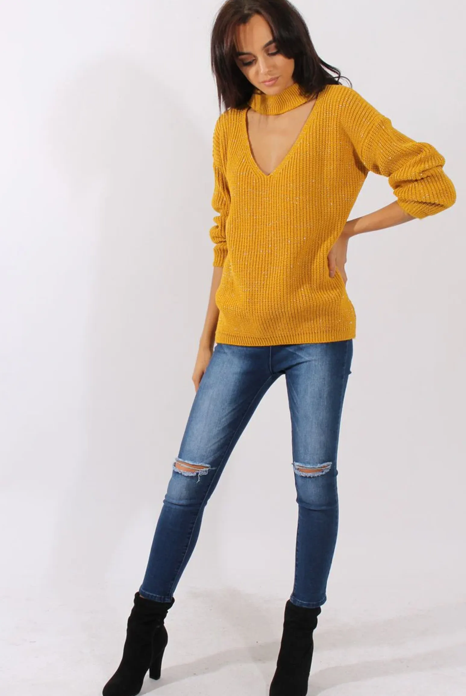 Rebellious Fashion Mustard Sparkle Knitted Cut Out Front Jumper - Meri