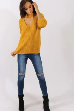 Rebellious Fashion Mustard Sparkle Knitted Cut Out Front Jumper - Meri