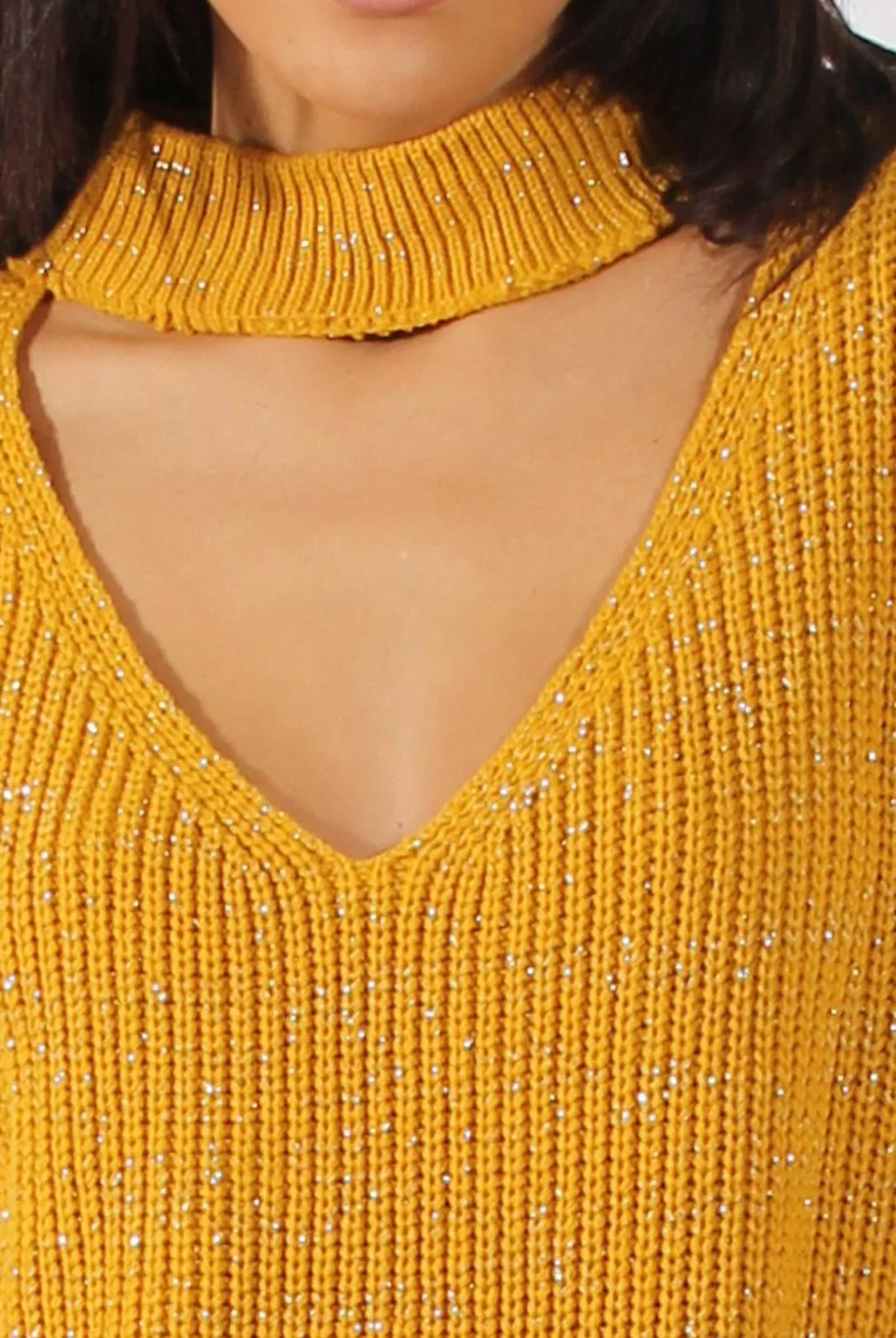 Rebellious Fashion Mustard Sparkle Knitted Cut Out Front Jumper - Meri
