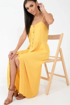 Rebellious Fashion Mustard Strappy Button Down Midi Dress - Shaelee