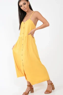 Rebellious Fashion Mustard Strappy Button Down Midi Dress - Shaelee
