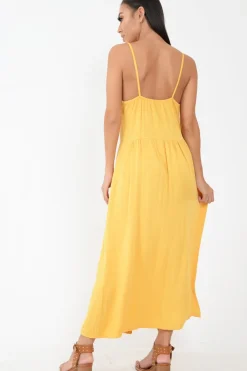 Rebellious Fashion Mustard Strappy Button Down Midi Dress - Shaelee