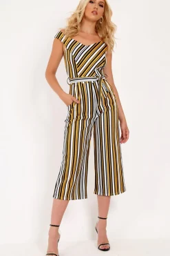 Rebellious Fashion Mustard Stripe Bardot Culotte Jumpsuit - Idania