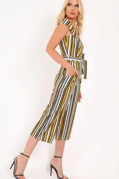 Rebellious Fashion Mustard Stripe Bardot Culotte Jumpsuit - Idania