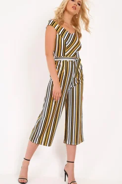 Rebellious Fashion Mustard Stripe Bardot Culotte Jumpsuit - Idania