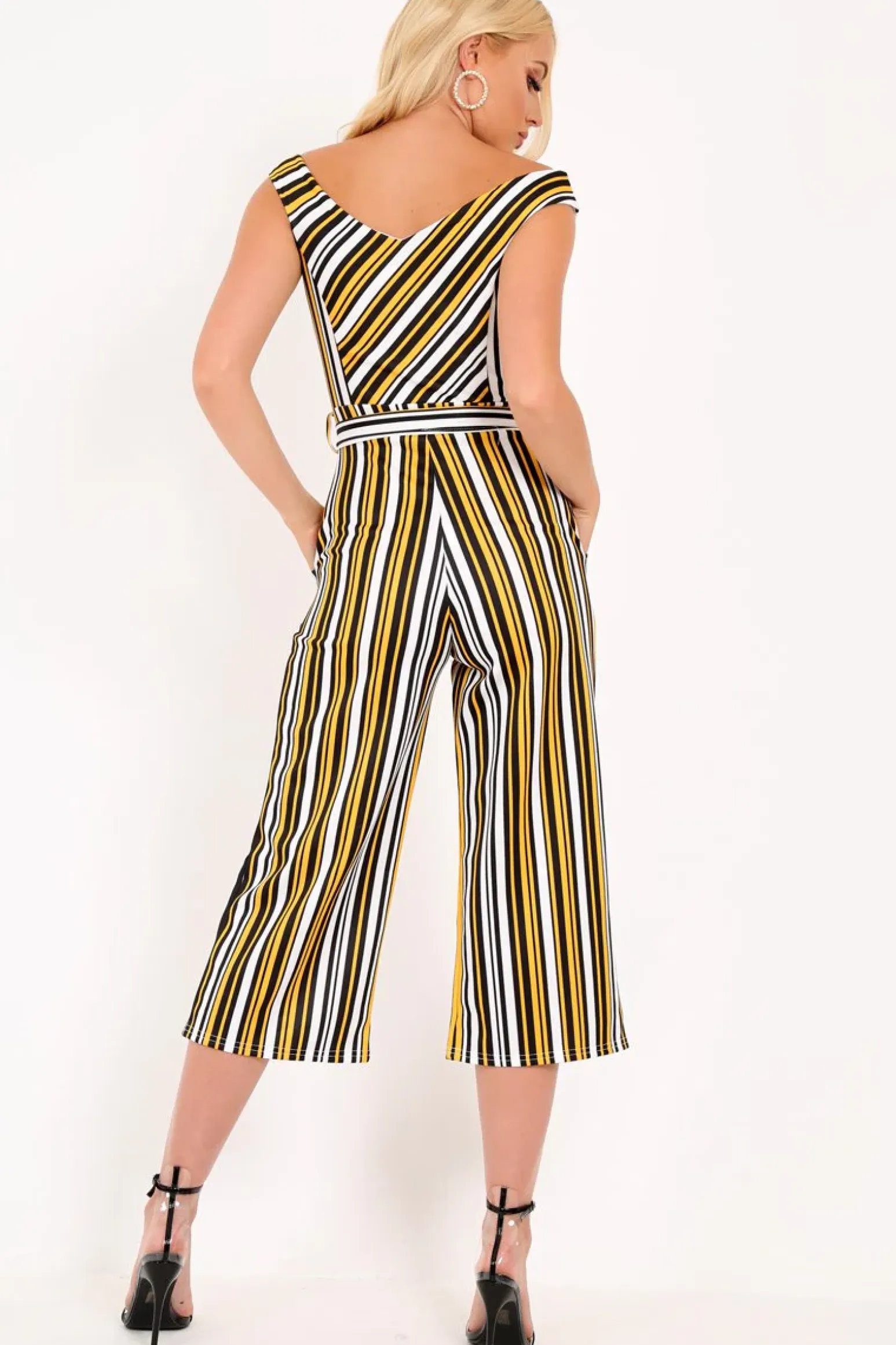 Rebellious Fashion Mustard Stripe Bardot Culotte Jumpsuit - Idania