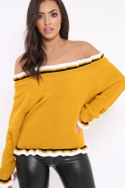 Rebellious Fashion Mustard Stripe Bardot Knitted Jumper - Bailey