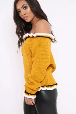 Rebellious Fashion Mustard Stripe Bardot Knitted Jumper - Bailey