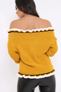 Rebellious Fashion Mustard Stripe Bardot Knitted Jumper - Bailey