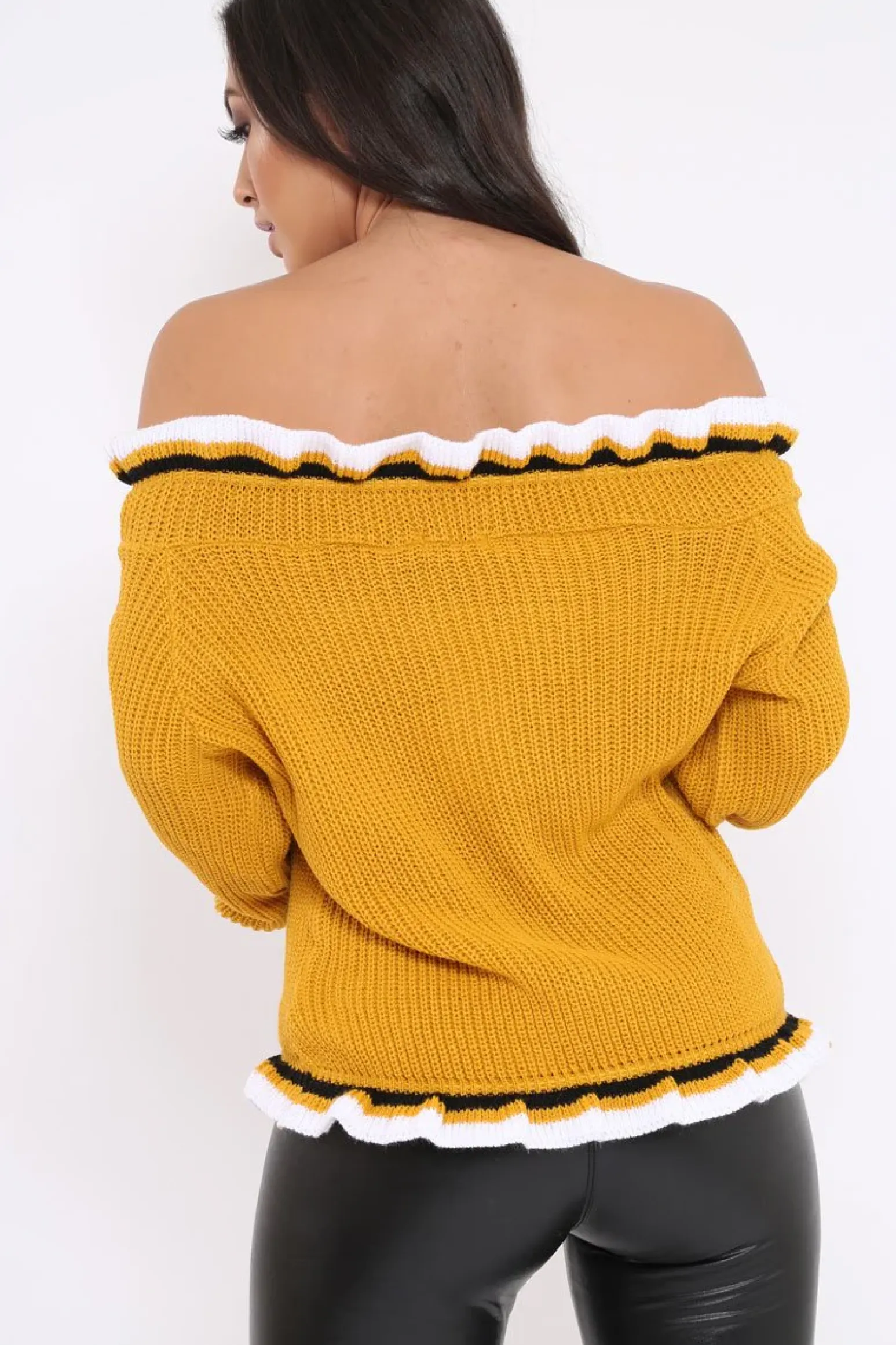 Rebellious Fashion Mustard Stripe Bardot Knitted Jumper - Bailey