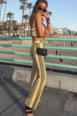 Rebellious Fashion Mustard Striped Crop Top and Trousers Co-ord Set - Kimmy