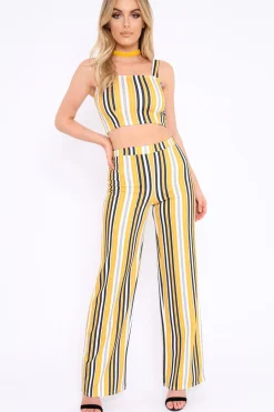 Rebellious Fashion Mustard Striped Crop Top and Trousers Co-ord Set - Kimmy
