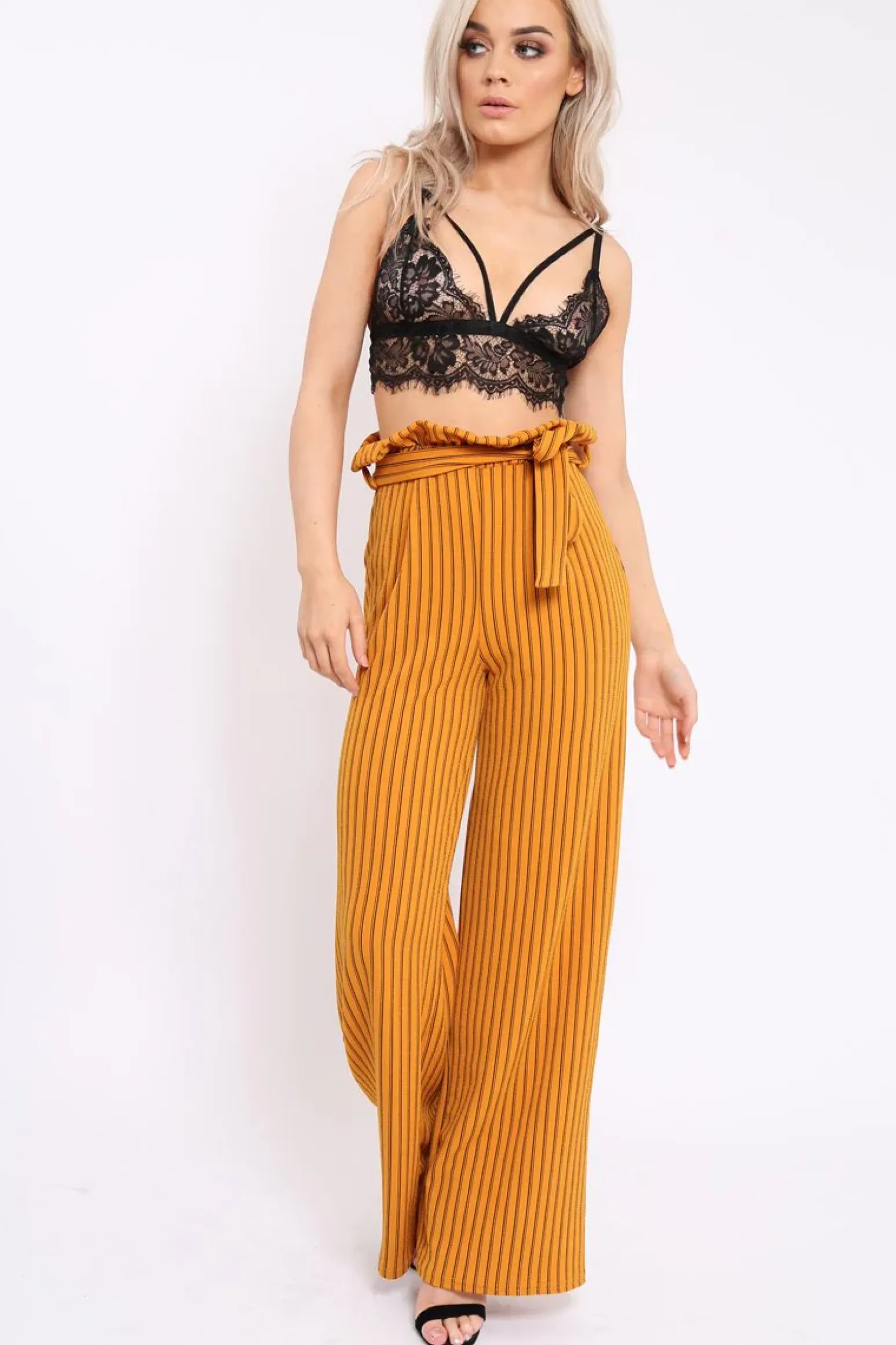 Rebellious Fashion Mustard Striped Paper Bag Tie Waist Wide Leg Trousers - Kennedy